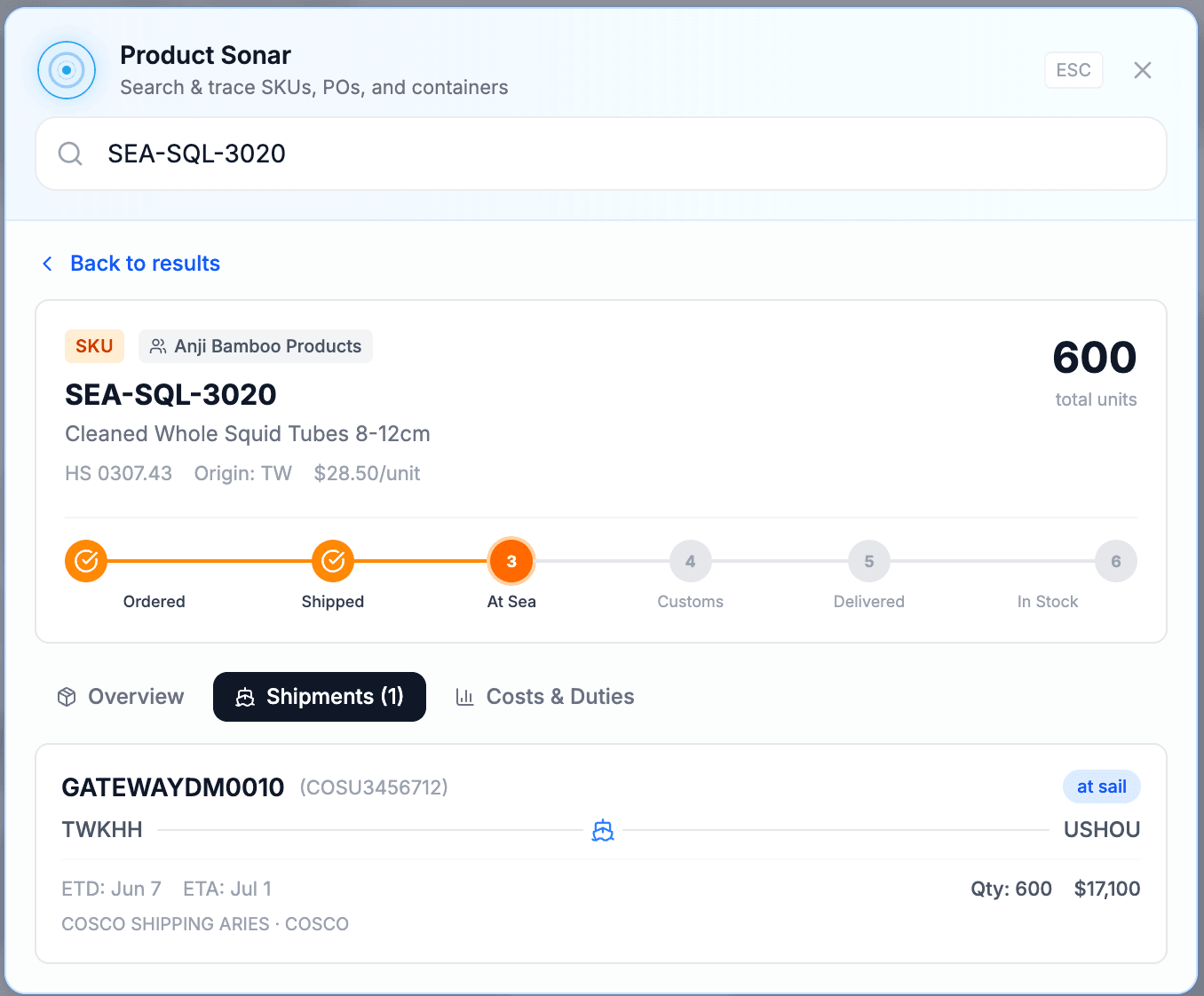 Product Sonar shipments screen