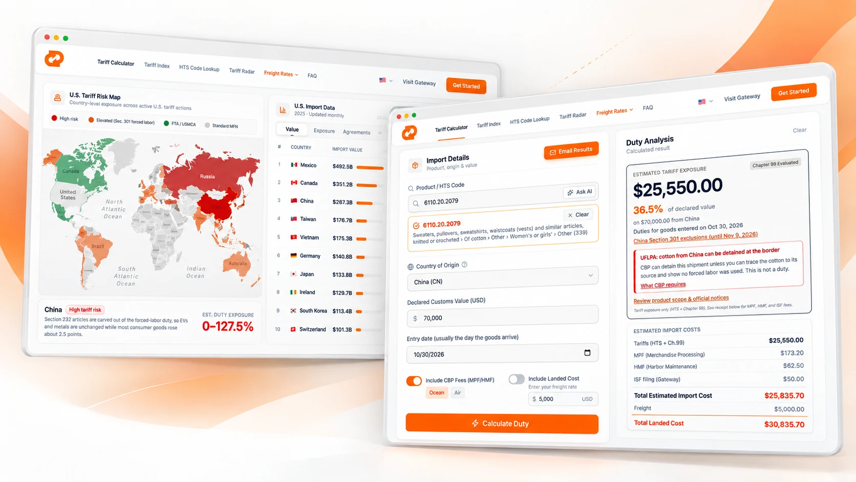 Gateway tariff calculator with an itemized duty estimate and import risk map